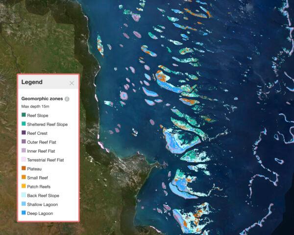 This screenshot shows a map of the Great Barrier Reef in Australia, on Sept. 1, 2021. (Allen Coral Atlas via AP)