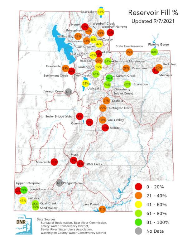 Statewide reservoir fill status. On Sept. 7, 2021. (Utah DNR)