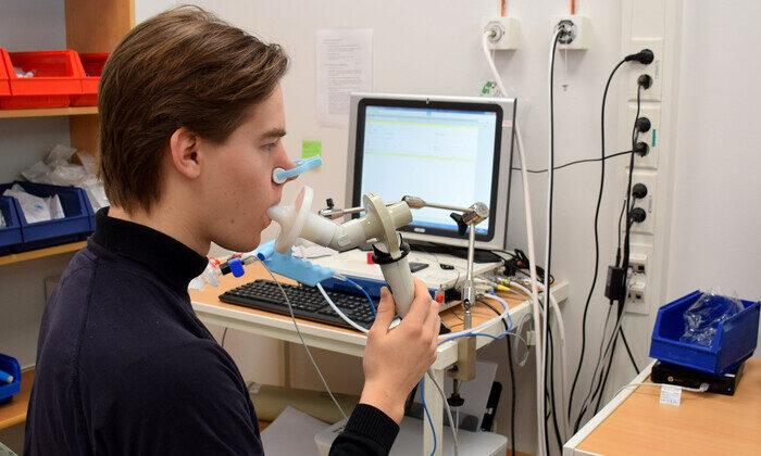 Measuring lung function with a spirometer for the BAMSE (Swedish abbreviation for "Children, Allergy, Milieu, Stockholm, Epidemiology") study. (Courtesy of Fuad Bahram)