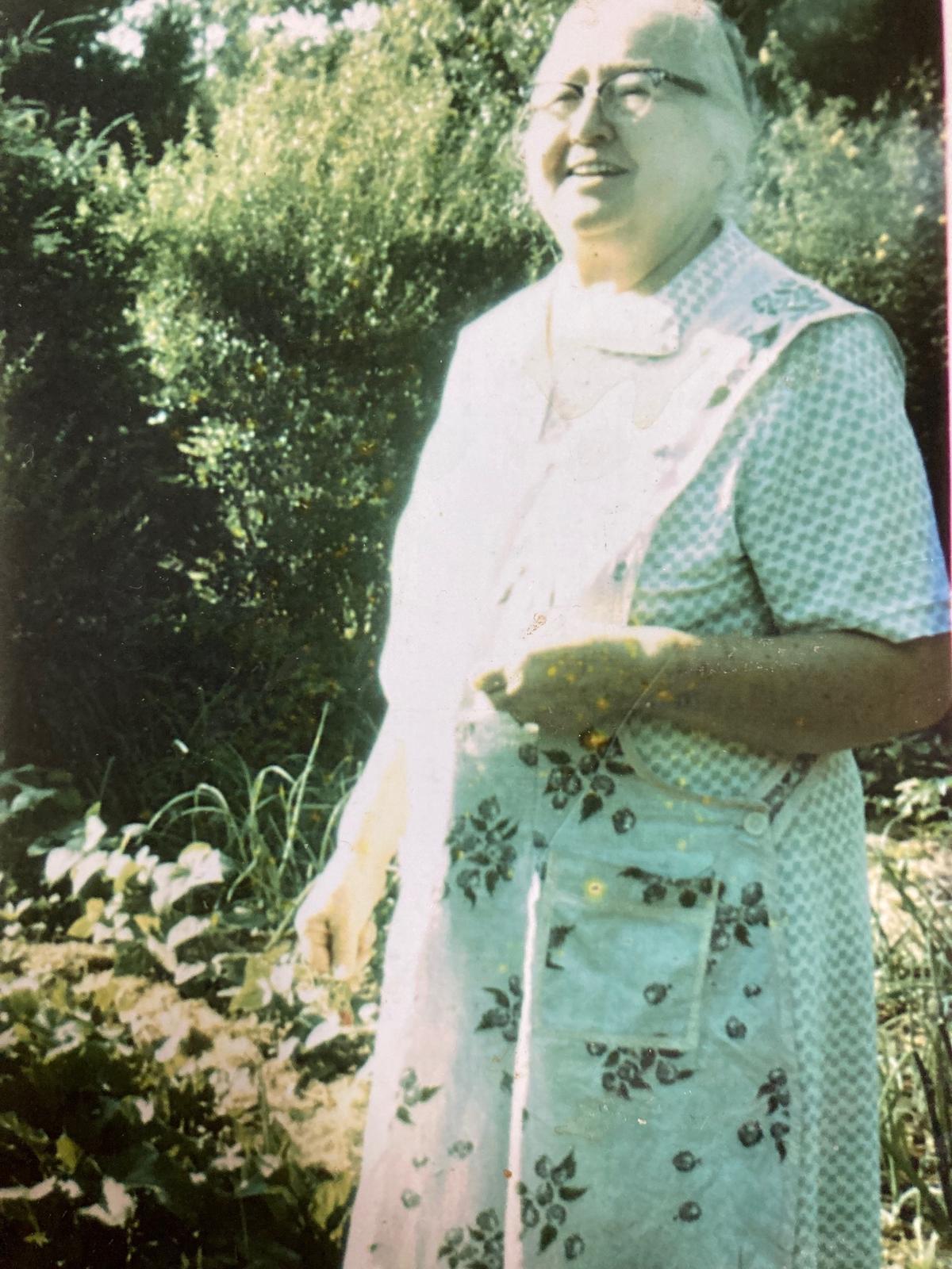 Grossmutter Rose in her garden, with her ubiquitous apron, in 1965. (Courtesy of E. M. McCreight)