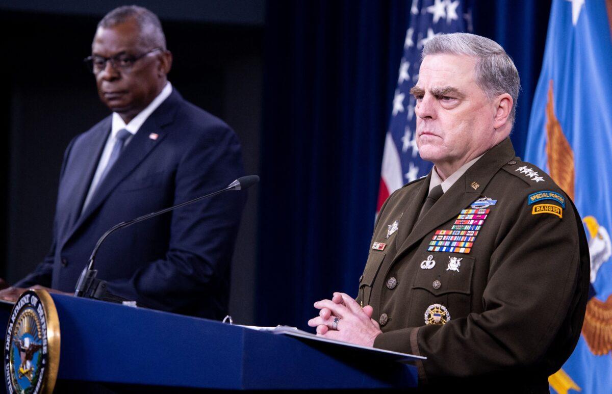 Secretary of Defense Lloyd Austin (L) and Army General Mark Milley hold a press briefing about the U.S. military drawdown in Afghanistan, at the Pentagon in Washington on Sept. 1, 2021. (Saul Loeb/AFP via Getty Images)