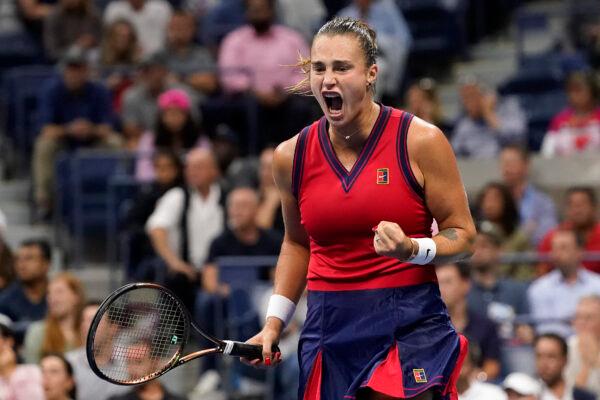 Aryna Sabalenka of Belarus reacts after scoring a point against Leylah Fernandez of Canada during the semifinals of the U.S. Open tennis championships in New York on Sept. 9, 2021. (Elise Amendola/AP Photo)