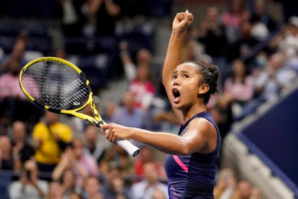 Leylah Fernandez of Canada reacts after winning the first set against Aryna Sabalenka of Belarus during the semifinals of the U.S. Open tennis championships in New York on Sept. 9, 2021. (Elise Amendola/AP Photo)