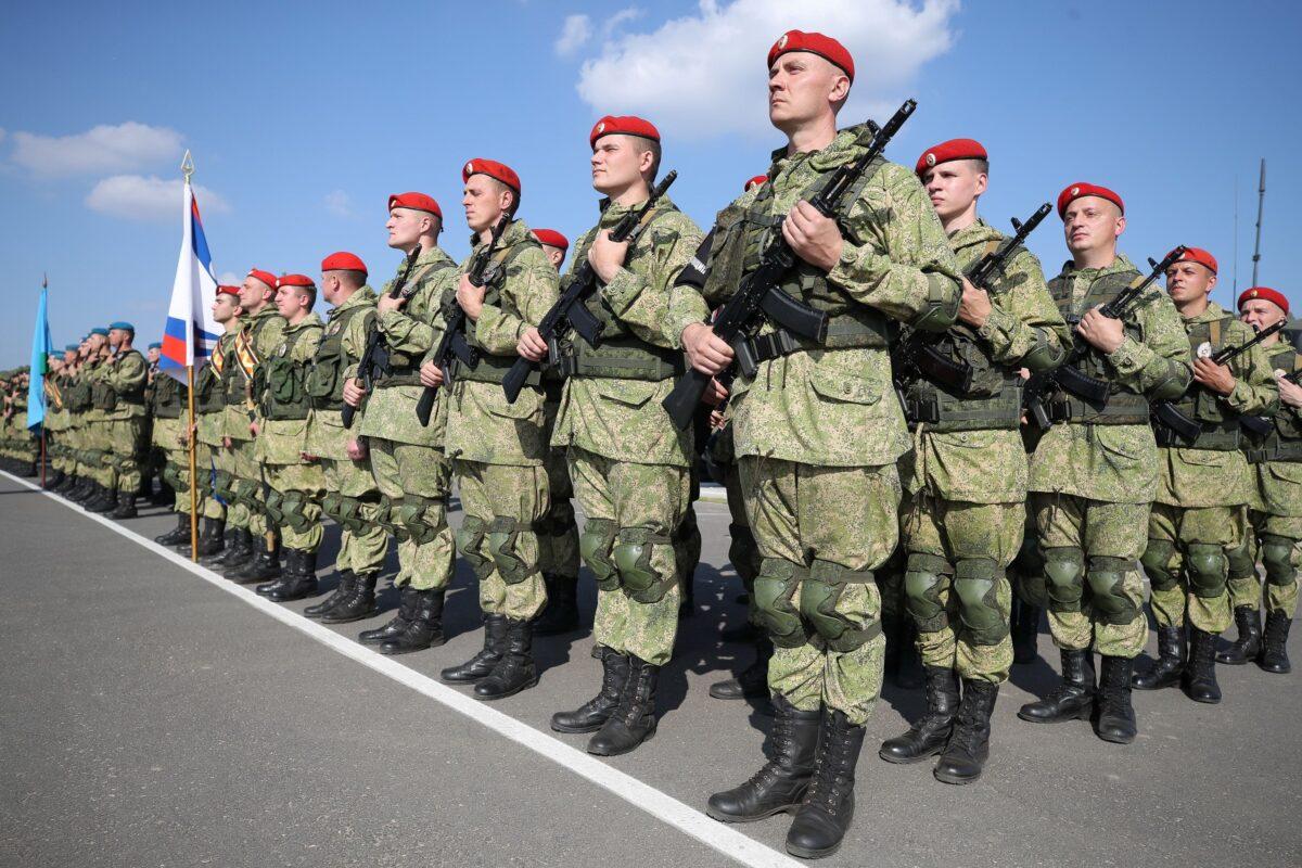 Russian service members attend a ceremony opening the military exercise Zapad-2021 staged by the armed forces of Russia and Belarus at the Obuz-Lesnovsky training ground in Brest Region, Belarus, on Sept. 9, 2021. (Vadim Yakubyonok/BelTA/Handout via Reuters)