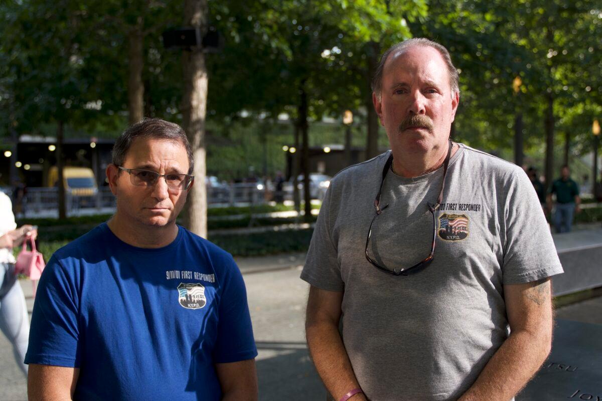 First responders during 9/11 David Goldberg (L) and Miles Warren (R) at World Trade Center memorial site in Manhattan, New York, on Sep. 10, 2021 (Enrico Trigoso/The Epoch Times)