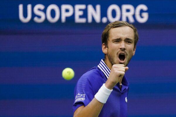 Daniil Medvedev of Russia reacts after scoring a point against Felix Auger-Aliassime of Canada during the semifinals of the U.S. Open tennis championships in New York on Sept. 10, 2021. (Seth Wenig/AP Photo)