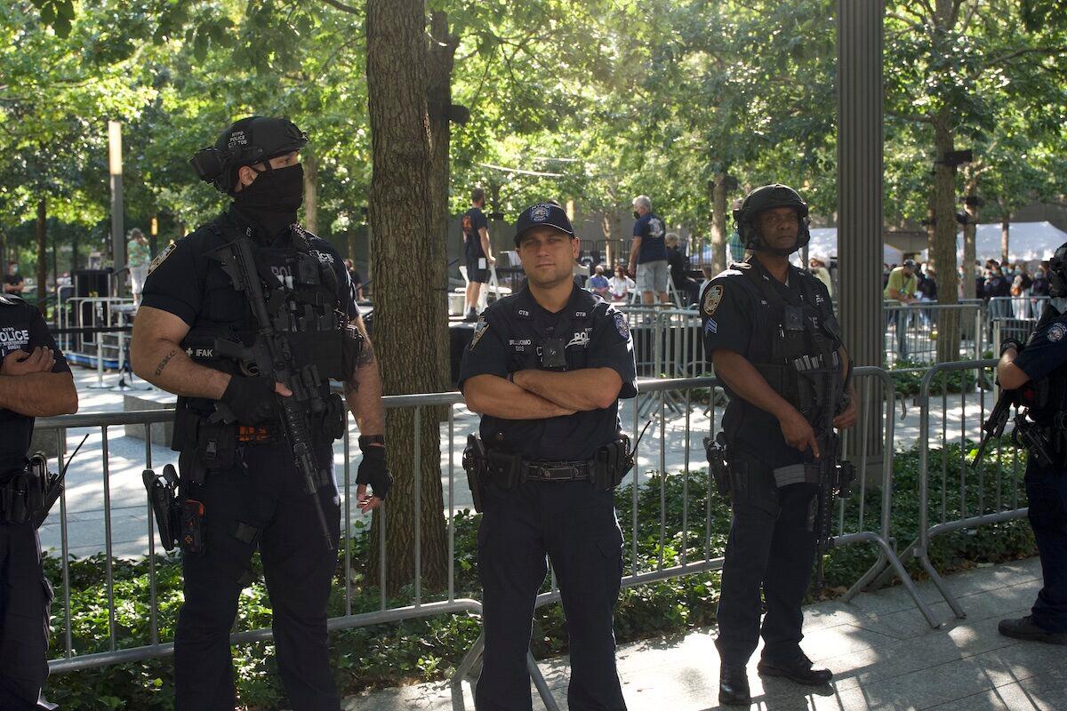 NYPD Counterterrorism unit at the World Trade Center memorial site in Manhattan, New York, on Sep. 10, 2021 (Enrico Trigoso/The Epoch Times)