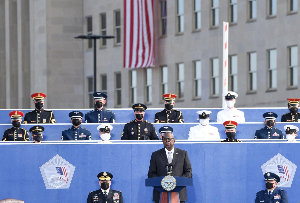 Secretary of Defense Lloyd Austin speaks during a remembrance ceremony to mark the 20th anniversary of the 9/11 attacks, at the Pentagon in Arlington, Va., on Sept. 11, 2021. (Saul Loeb/AFP via Getty Images)