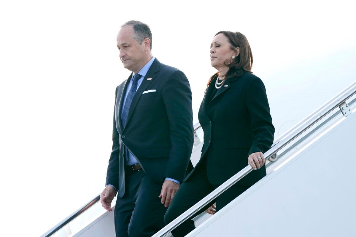 Vice President Kamala Harris and her husband Douglas Emhoff walk off of Air Force Two on arrival to Johnstown, Pa., on Sept. 11, 2021. (Jacquelyn Martin/AP Photo)