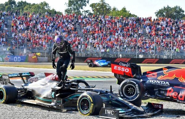 Mercedes' Lewis Hamilton after crashing out of the race with Red Bull's Max Verstappen at the Italian Grand Prix in Monza, Italy on Sept. 12, 2021. (Jennifer Lorenzini/Reuters)