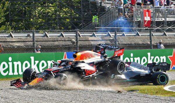 Red Bull's Max Verstappen and Mercedes' Lewis Hamilton crash out of the race at the Italian Grand Prix in Monza, Italy, on Sept. 12, 2021. (Jennifer Lorenzini/Reuters)