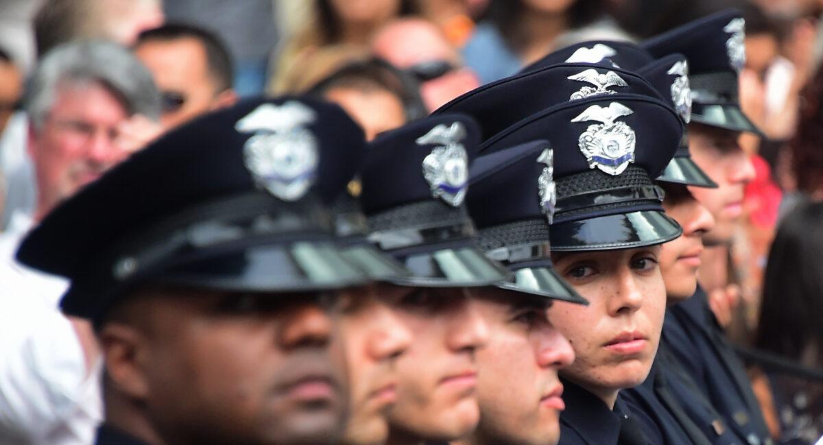 Police recruits attend their graduation ceremony at LAPD headquarters in Los Angeles on July 8, 2016. (Frederic J. Brown/AFP via Getty Images)
