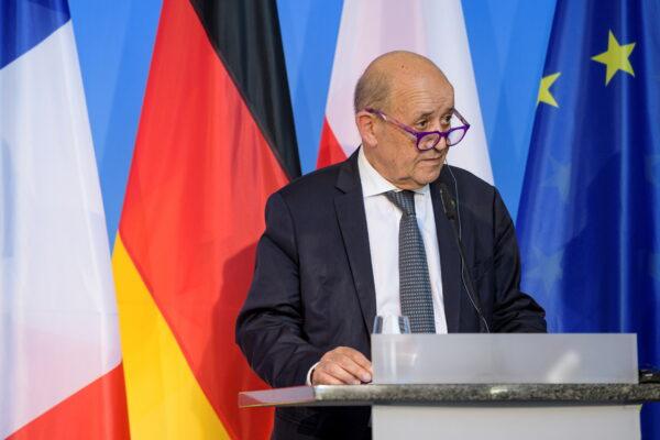 French Foreign Minister Jean-Yves Le Drian attends a joint news conference at the Bauhaus University in Weimar, Germany, on Sept. 10, 2021. (Jens Schlueter/Pool via Reuters)