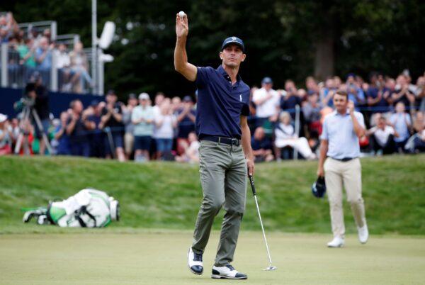 Billy Horschel of the United States celebrates winning the BMW PGA Championship Action at the Wentworth Golf Club in Virginia Water, Britain, on Sept.12, 2021. (Paul Childs/Reuters)