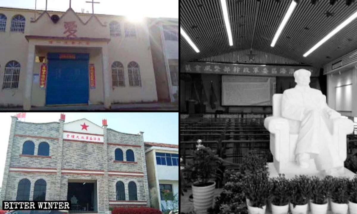 A Three-Self Church in Shuyang County was converted into a place to commemorate the Red Army, and Mao Zedong's statue was placed near the entrance. (Courtesy of <a href="https://bitterwinter.org/">Bitter Winter</a>)
