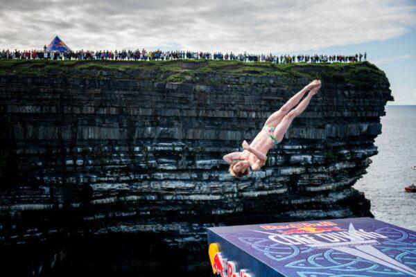 Gary Hunt of France dives from the 27.5-meter platform during the final competition day of the fourth stop of the Red Bull Cliff Diving World Series at Downpatrick Head, Ireland, on Sept. 12, 2021. (Dean Treml/Red Bull Content Pool via Reuters)