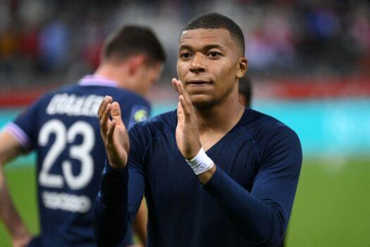 Paris Saint-Germain's French forward Kylian Mbappe reacts at the end of the French L1 football match between Stade de Reims and Paris Saint-Germain at Auguste Delaune Stadium in Reims, France on Aug. 29, 2021. (Franck Fife/AFP via Getty Images)