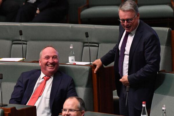 Barnaby Joyce and Joel Fitzgibbon during Question Time in the House of Representatives at Parliament House in Canberra, Australia, on June 03, 2021. (Sam Mooy/Getty Images)