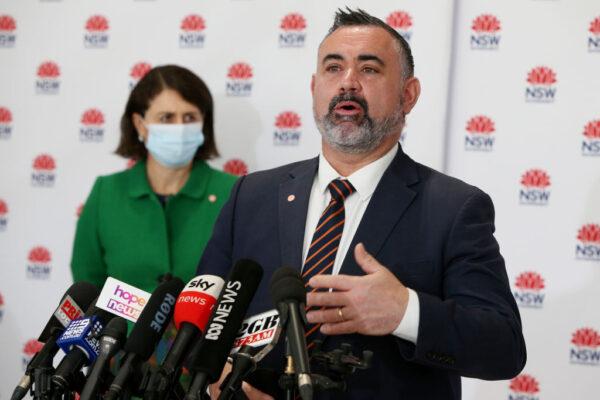 NSW Deputy Premier John Barilaro speaks as NSW Premier Gladys Berejiklian looks on during a COVID-19 update and news conference in Sydney, Australia, on July 28, 2021. (Lisa Maree Williams Pool/Getty Images)