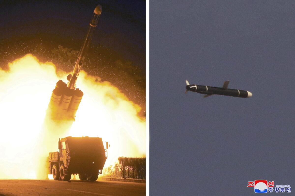 The Academy of National Defense Science conducts long-range cruise missile tests in North Korea, as pictured in this combination of undated photos supplied by North Korea's Korean Central News Agency (KCNA) on Sept. 13, 2021. (KCNA via Reuters)