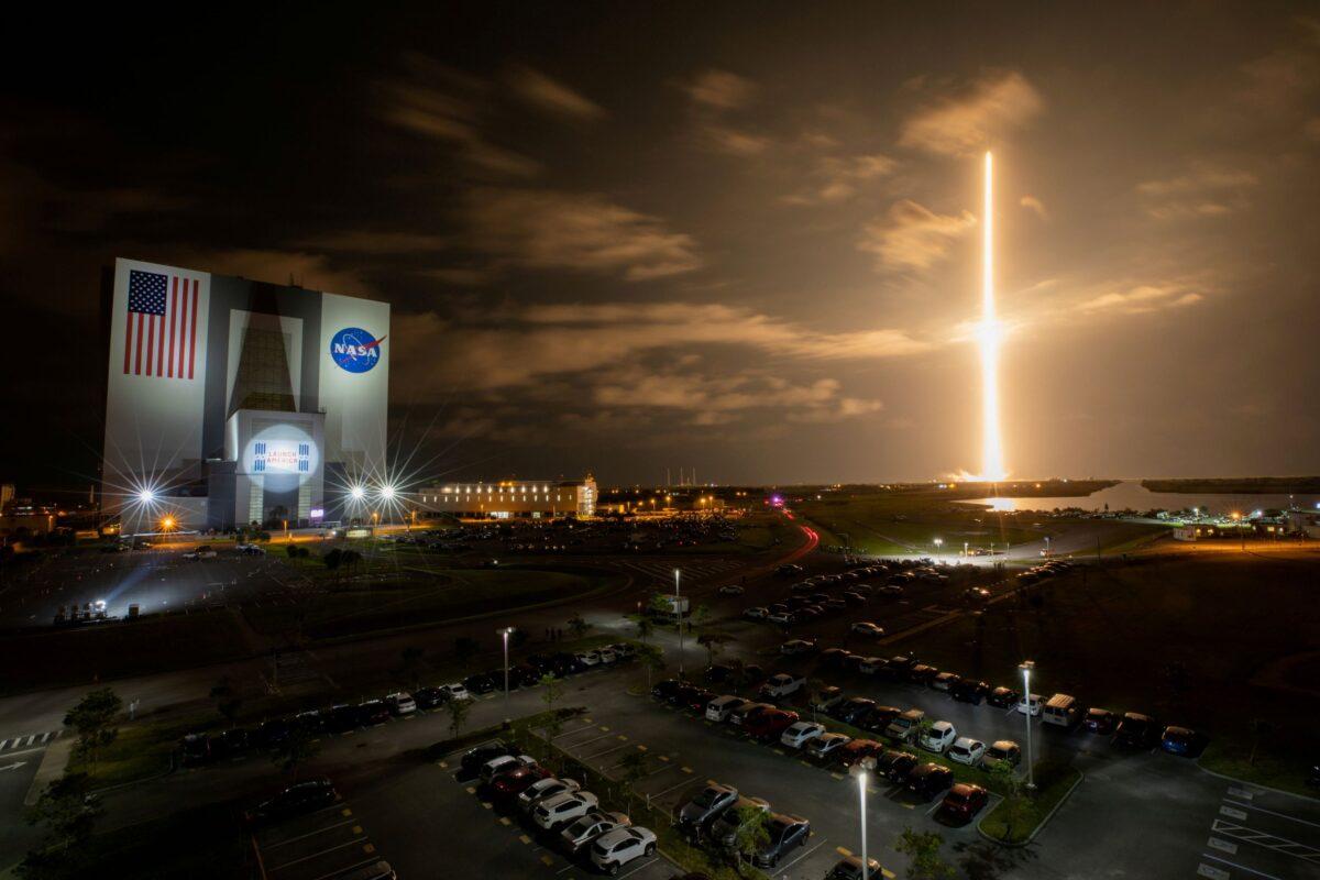 With a view of the iconic Vehicle Assembly Building at the left, a SpaceX Falcon 9 rocket soars upward from Launch Complex 39A, carrying the company’s Crew Dragon Endeavour capsule and four Crew-2 astronauts toward the International Space Station at NASA’s Kennedy Space Center in Cape Canaveral, Fla., on April 23, 2021. (Ben Smegelsky/Nasa via Reuters)