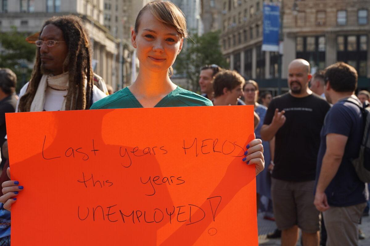 A nurse protesting against vaccine mandates at Foley Square, Manhattan, New York, on Sept. 13, 2021. (Enrico Trigoso/The Epoch Times)