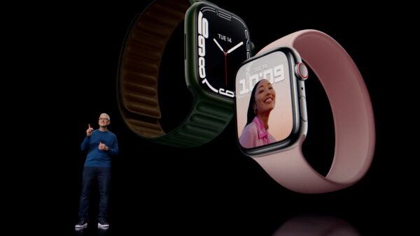 Apple CEO Tim Cook unveils Apple Watch Series 7 during a special event at Apple Park in Cupertino, Calif., on Sept. 14, 2021. (Apple Inc/Handout via Reuters)