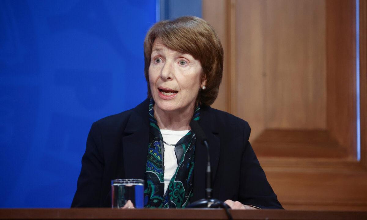 Dr. June Raine, Chief Executive of the Medicines and Healthcare products Regulatory Agency, during a media briefing in Downing Street, London, on Sept. 13, 2021. (Hannah McKay/PA)