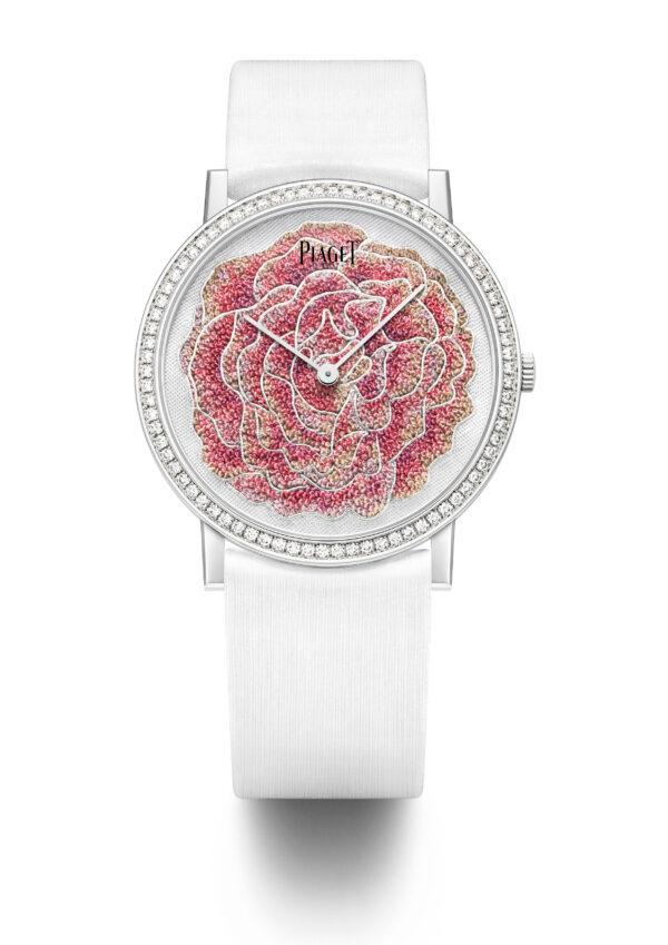 Sylvie Deschamps and her assistant Marlène Rouhaud took 35 hours to hand embroider each rose for this limited-edition Piaget watch. (Piaget/Courtesy of Le Bégonia d'Or)