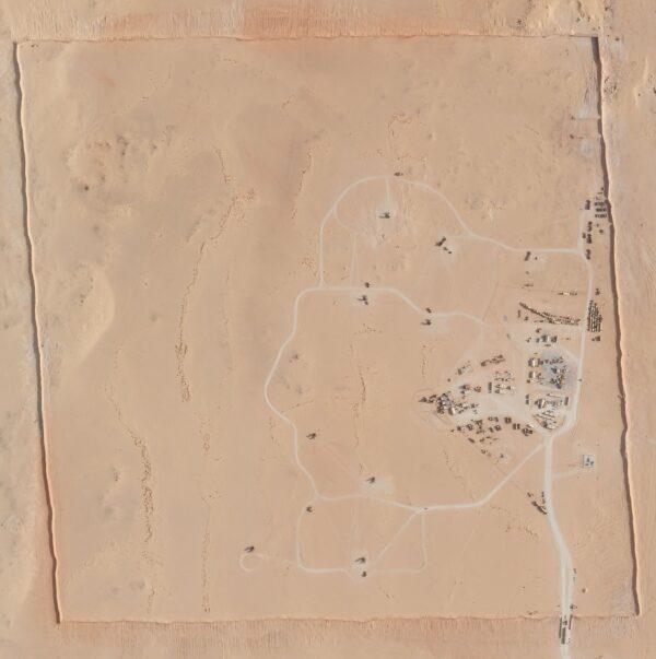 In this satellite photo, an area of Prince Sultan Air Base in Saudi Arabia sees Patriot missile batteries stationed with one advanced Terminal High Altitude Air Defense unit on Aug. 9, 2021. (Planet Labs Inc. via AP)
