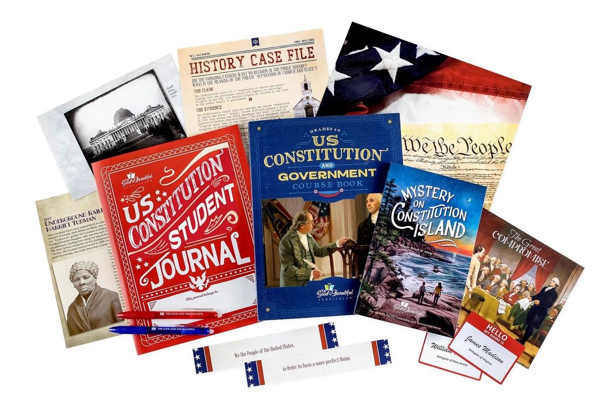 "US Constitution and Government" course books for children in grades 4–6. (Courtesy of Jenny Phillips/<a href="https://www.goodandbeautiful.com/">The Good and the Beautiful</a>)