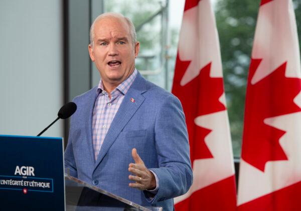 Conservative Leader Erin O'Toole speaks to the media in Quebec City on Aug. 18, 2021. (The Canadian Press/Ryan Remiorz)