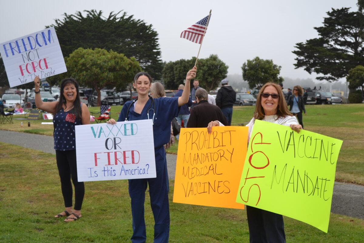 Health care workers, family, and supporters protest against vaccine mandates in Monterey, Calif. on Sept. 12, 2021. (Courtesy Patriot Freedom Fighters)