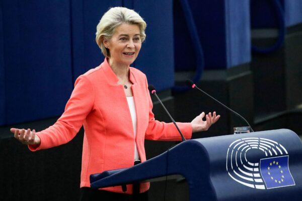 European Commission President Ursula von der Leyen delivers a speech during a debate on "The State of the European Union" as part of a plenary session in Strasbourg on Sept. 15, 2021. (Yves Herman/AFP via Getty Images)