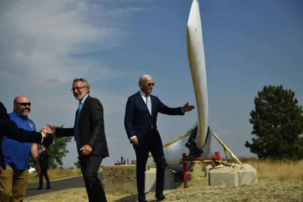 President Joe Biden looks at a wind turbine blade as he tours the National Renewable Energy Laboratory in Arvada, Colo., on Sept. 14, 2021. (Brendan Smialowski/AFP via Getty Images)