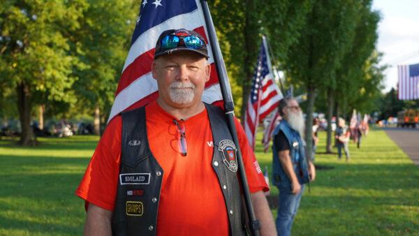 Jim Jones, a rider for Warriors’ Watch Riders, is in the Garden of Reflection in Lower Makefield Township, Pa., on Sept. 11, 2021. He hopes the country is safer right now than 20 years ago. (William Huang/The Epoch Times)