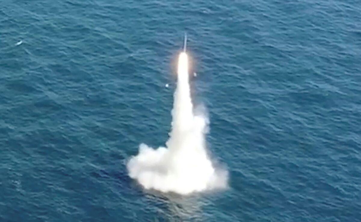 In this screenshot, South Korea's first underwater-launched ballistic missile is test-fired from a 3,000-ton-class submarine at an undisclosed location in the waters of South Korea, on Sept. 15, 2021. (South Korea Defense Ministry via AP)