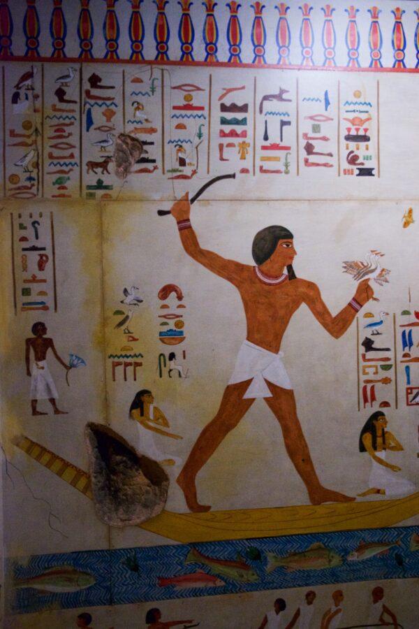 A painting in the tomb shows a young nobleman voyaging to the afterlife. (Courtesy of Karen Gough)