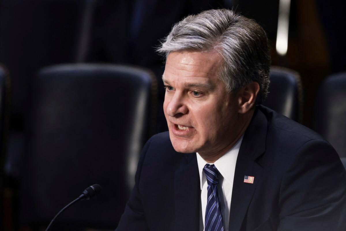 FBI Director Christopher Wray speaks during a Senate Judiciary hearing about the Inspector General's report on the FBI handling of the Larry Nassar investigation of sexual abuse of Olympic gymnasts, in Washington on Sept. 15, 2021. (Anna Moneymaker/Getty Images)