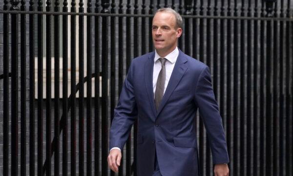 Foreign Secretary Dominic Raab arrives in Downing Street as Prime Minister Boris Johnson carries out a Cabinet reshuffle in London on Sept. 15, 2021. (Stefan Rousseau/PA)
