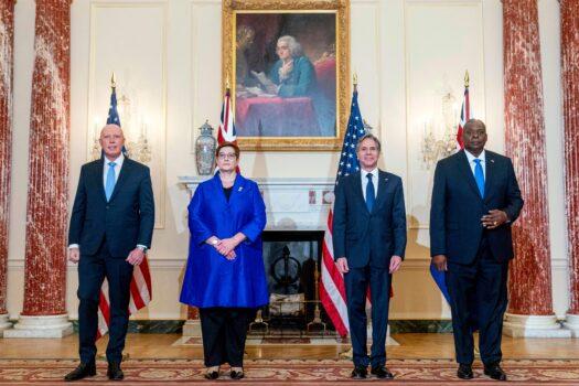 (L-R) Australian Defence Minister Peter Dutton, Australian Foreign Minister Marise Payne, U.S. Secretary of State Antony Blinken, and U.S. Secretary of Defence Lloyd Austin pose for a group photograph at the State Department in Washington on Sept. 16, 2021. (Andrew Harnik/POOL/AFP via Getty Images)