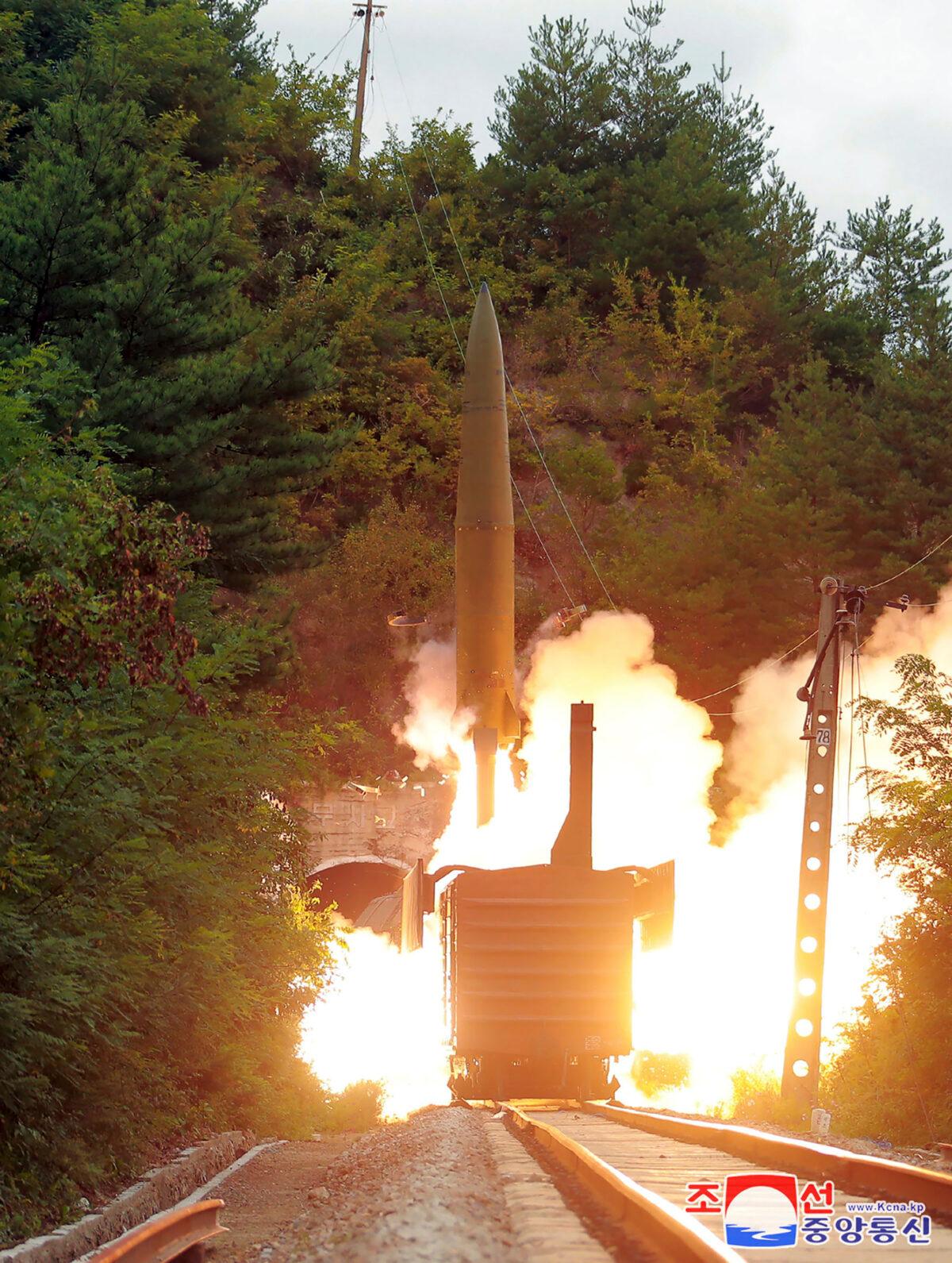 This photo provided by the North Korean government on Sept. 16, 2021, shows a test missile launched from a train in an undisclosed location of North Korea, on Sept. 15, 2021. (Korean Central News Agency/Korea News Service via AP)