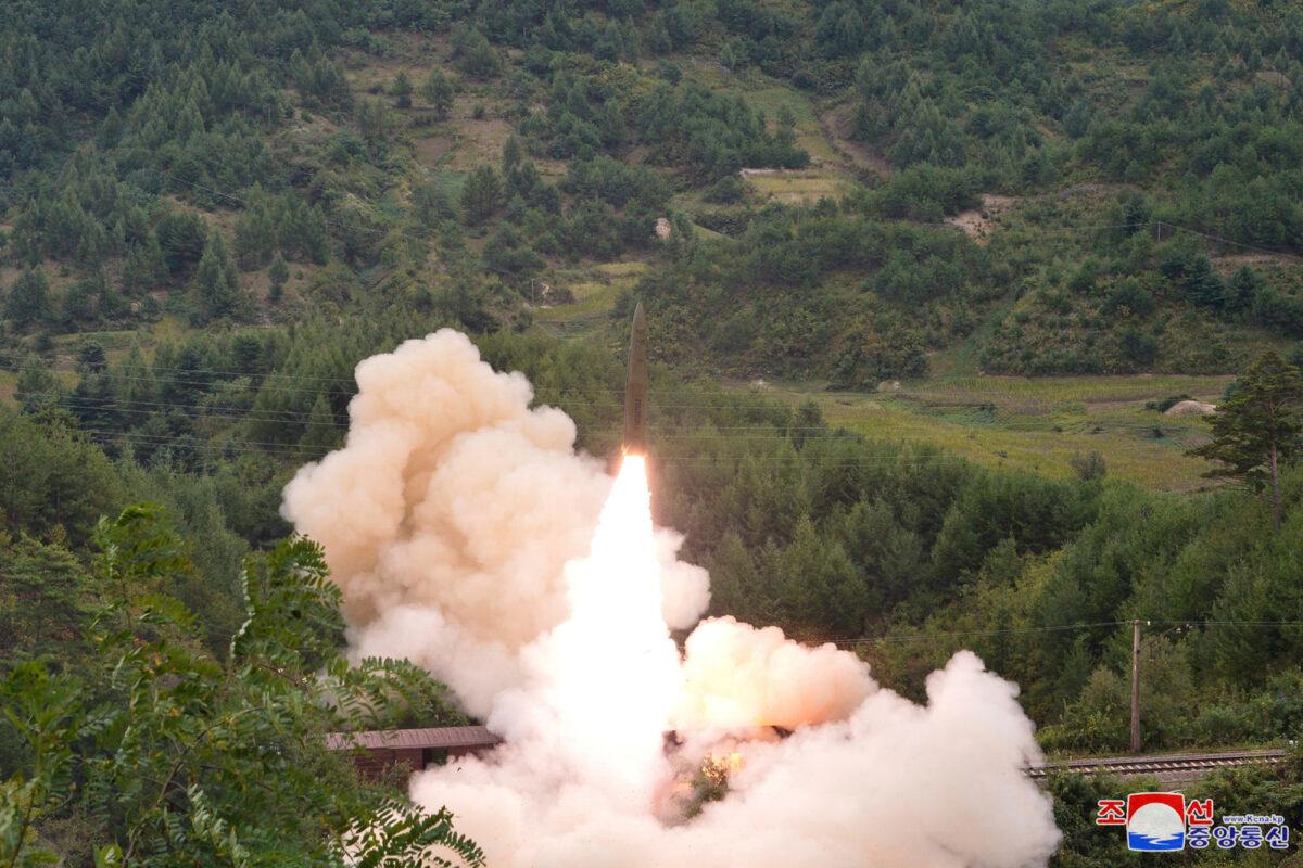 This photo provided by the North Korean government on Sept. 16, 2021, shows a test missile launched from a train in an undisclosed location of North Korea, on Sept. 15, 2021. (Korean Central News Agency/Korea News Service via AP)