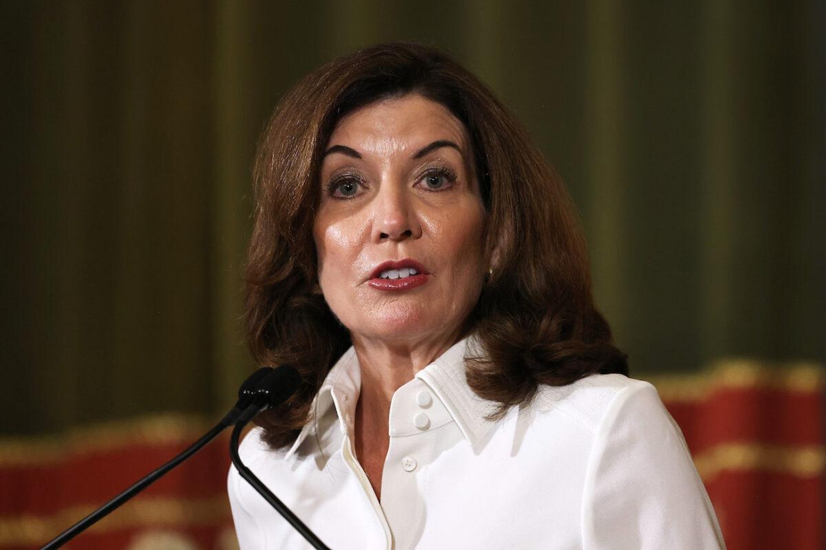 New York Gov. Kathy Hochul speaks at the New York State Capitol in Albany, New York, on Aug. 24, 2021. (Michael M. Santiago/Getty Images)