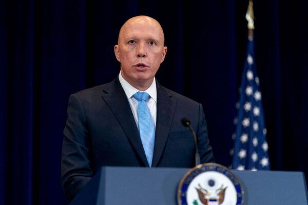Australian Minister of Defense Peter Dutton speaks at a news conference in Washington on Sept. 16, 2021. (Andrew Harnik/Pool/AFP via Getty Images)