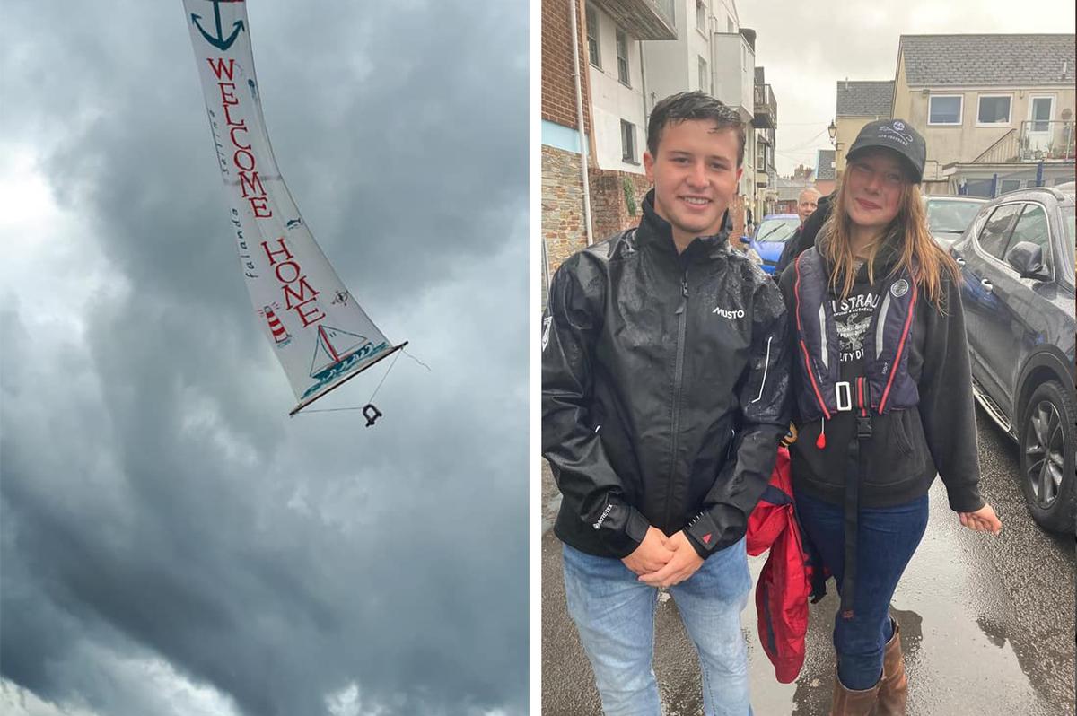 (Left) Katie is received after completing her 1,600-mile record-breaking expedition; (Right) Katie and Timothy Long. (Courtesy of <a href="https://www.facebook.com/falanda.sailing">Katie McCabe</a>)