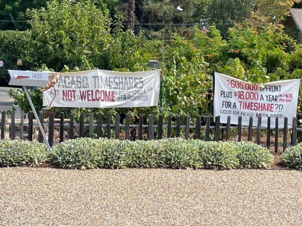 Signs protesting Pacaso in a Sonoma, Calif. neighborhood. (Courtesy of Nancy Gardner and Carl Sherrill)