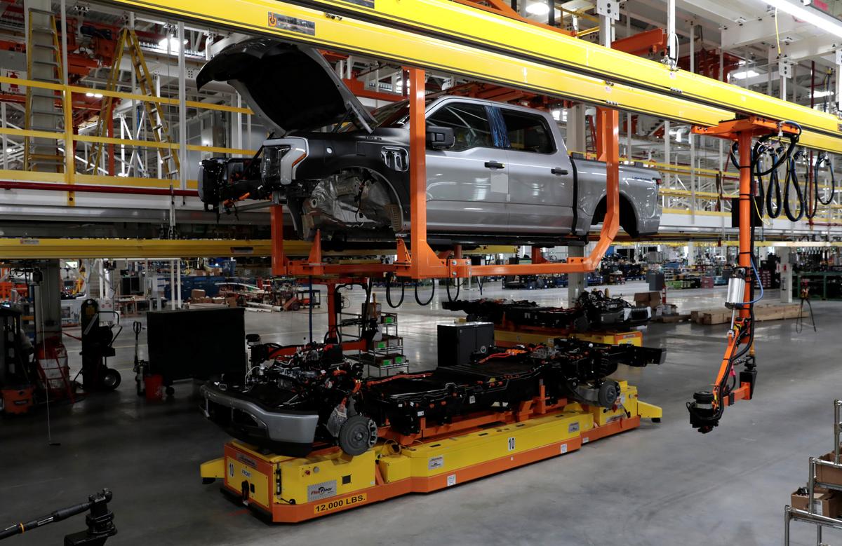 Parts of a Ford pre-production all-electric F-150 Lightning truck prototype are seen at the Rouge Electric Vehicle Center in Dearborn, Mich., on Sept. 16, 2021. (Rebecca Cook/Reuters)