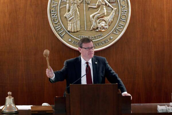North Carolina House Speaker Tim Moore, a Republican, seen here “gaveling in a session” in Raleigh, N.C., in April 2020, is the lead petitioner in Moore v. Harper, which asks the U.S. Supreme Court to debate the independent state legislature theory. (Gerry Broome/AP Photo)
