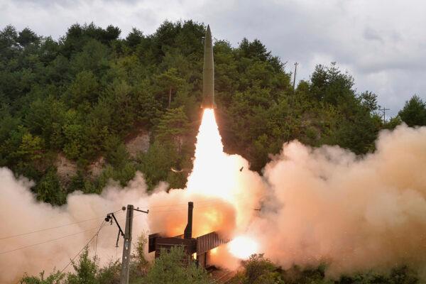 A test missile is launched from a train, in an undisclosed location of North Korea on Sept. 16, 2021. (Korean Central News Agency/Korea News Service via AP)